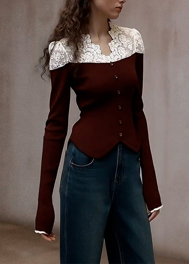 Style Brown V Neck Patchwork Lace Knit Shirts Spring