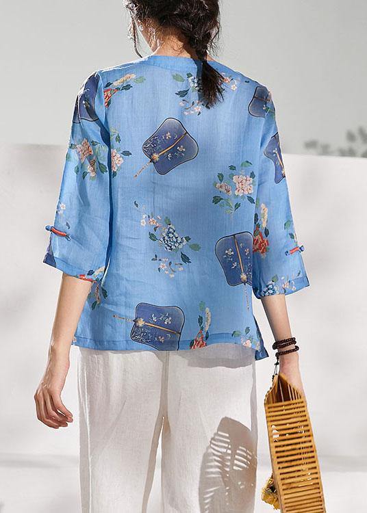 Natural Blue Print Oriental Summer Ramie Shirt