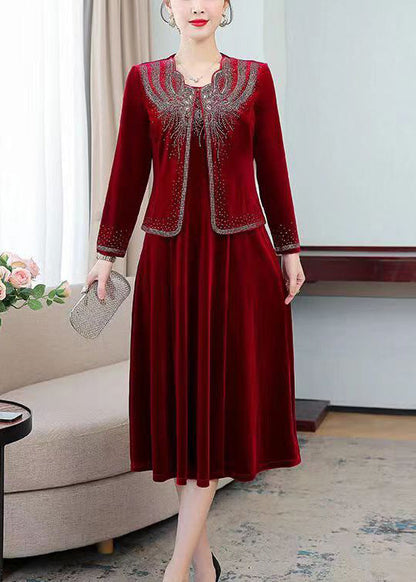 Classy Wine Red Zircon Coat and Waistcoat Dress Silk Velour Two Pieces Set Fall