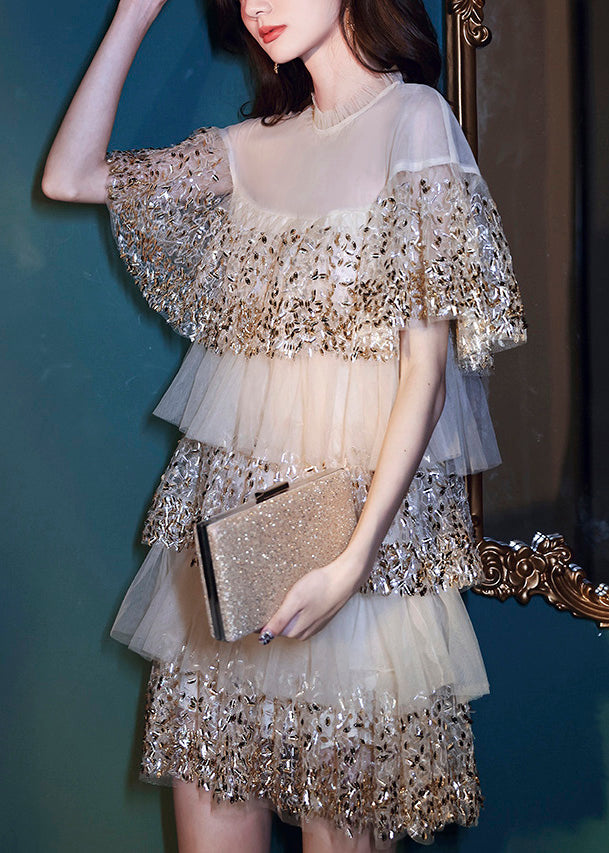 Dinner O-neck Nail Bead Wrinkled Tulle Mid Dress Short Sleeve Summer