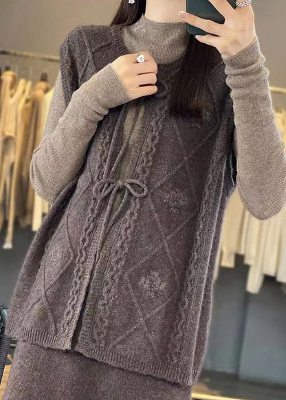 Coffee O Neck Lace Up Woolen Knit Waistcoat Sleeveless