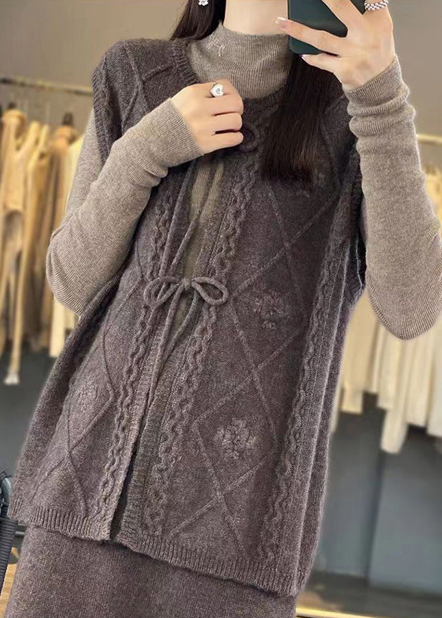 Coffee O Neck Lace Up Woolen Knit Waistcoat Sleeveless