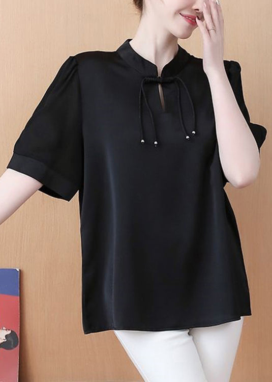 Loose Black Stand Collar Buttonpatchwork Chiffon Tops Summer