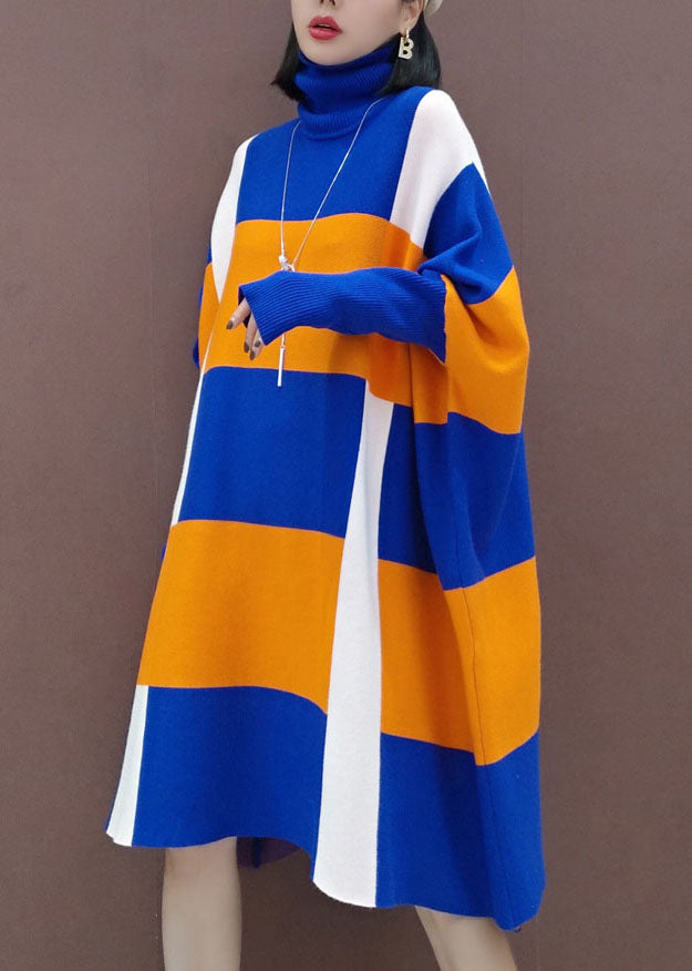 Blue Orange Knit Dresses Batwing Sleeve Spring