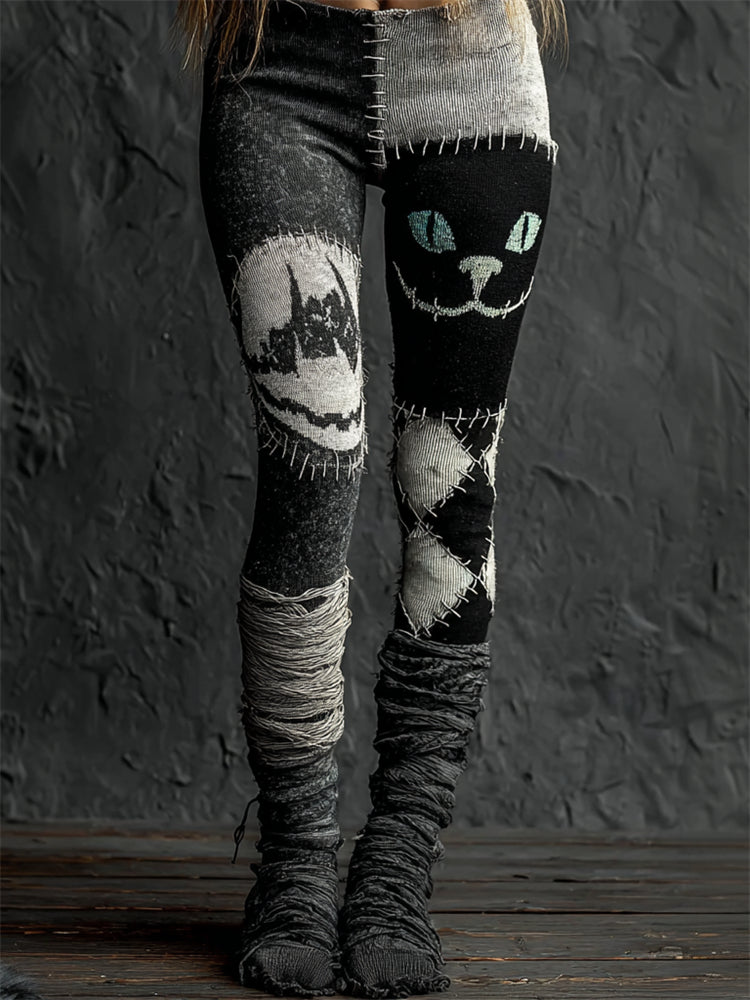 Comstylish Halloween Cat Face Diamond Pattern Bandages Patchwork Cozy Knit Leggings