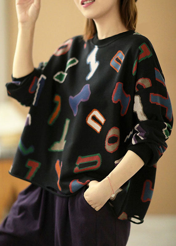 Modern Black Loose O-neck Graphic Hole Fall Sweatshirts Top
