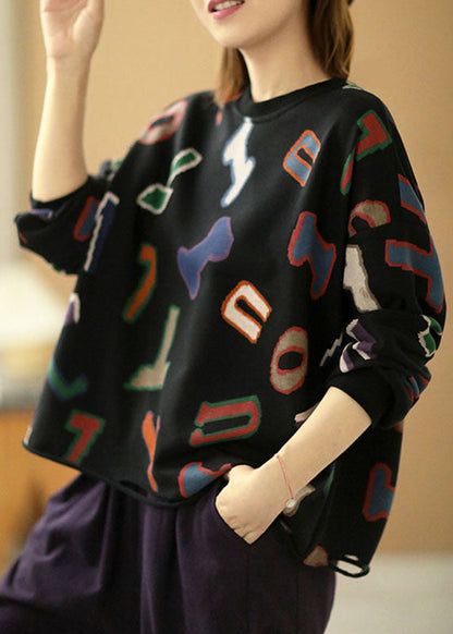 Modern Black Loose O-neck Graphic Hole Fall Sweatshirts Top