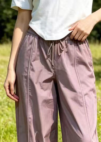 Purple Oversized Pockets Cotton Beam Pants Summer