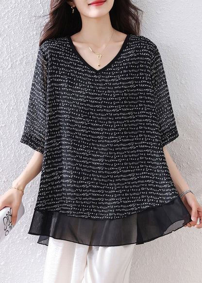 Black Oversized Patchwork Chiffon Tops Summer