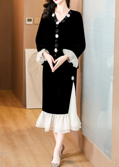 Black V Neck Patchwork Tops and Skirts Silk Velvet Two Pieces Set Butterfly Sleeve