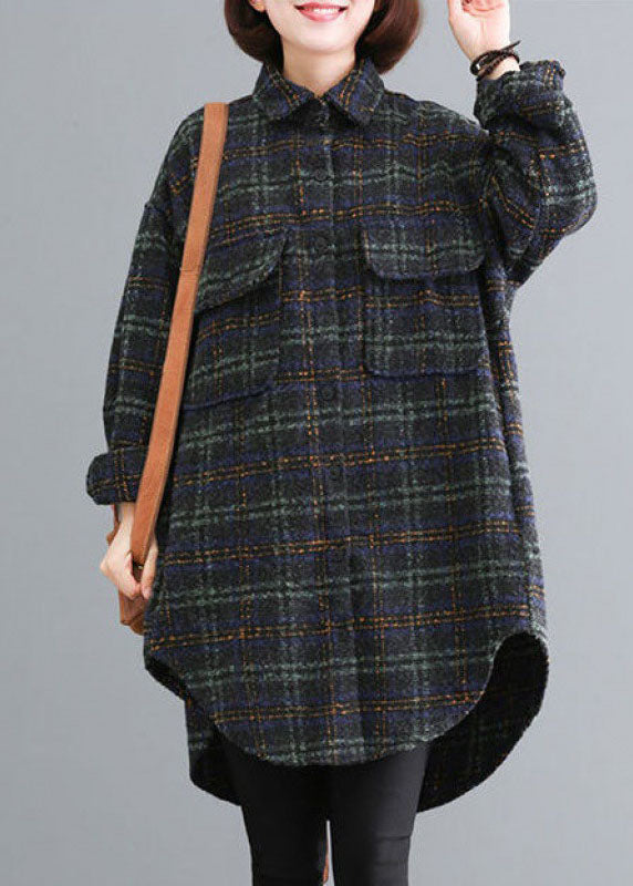 Blue Green Plaid Pockets Button Fall Thick Long Sleeve Coat