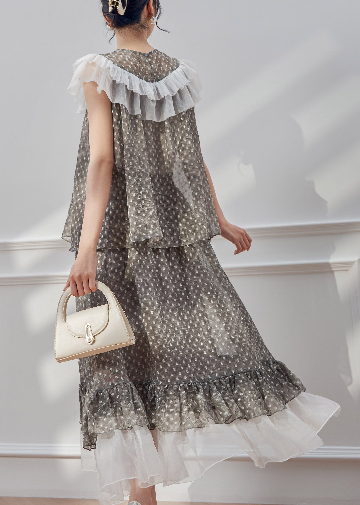 Natural Grey Dot Patchwork Shirt and Maxi Skirts Two Piece Set Summer