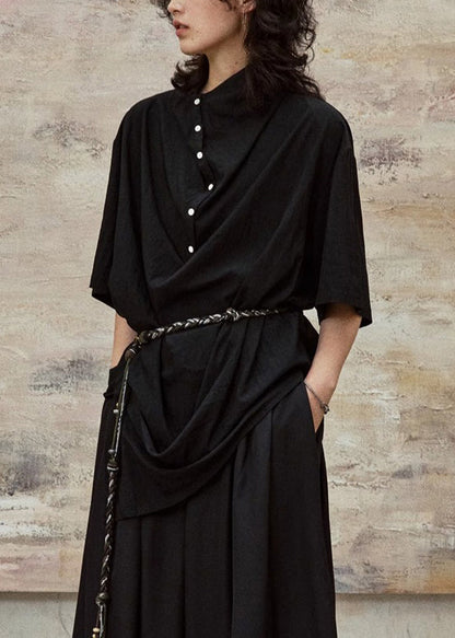Black Stand Collar Button Cotton Blouses Half Sleeve