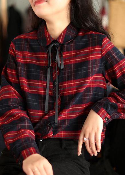 Modern Peter Pan Collar Spring Tunic Top Red Plaid Shirts