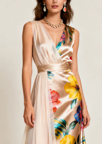 Champagne Color Asymmetrical Print Tulle Patchwork Dress Sleeveless