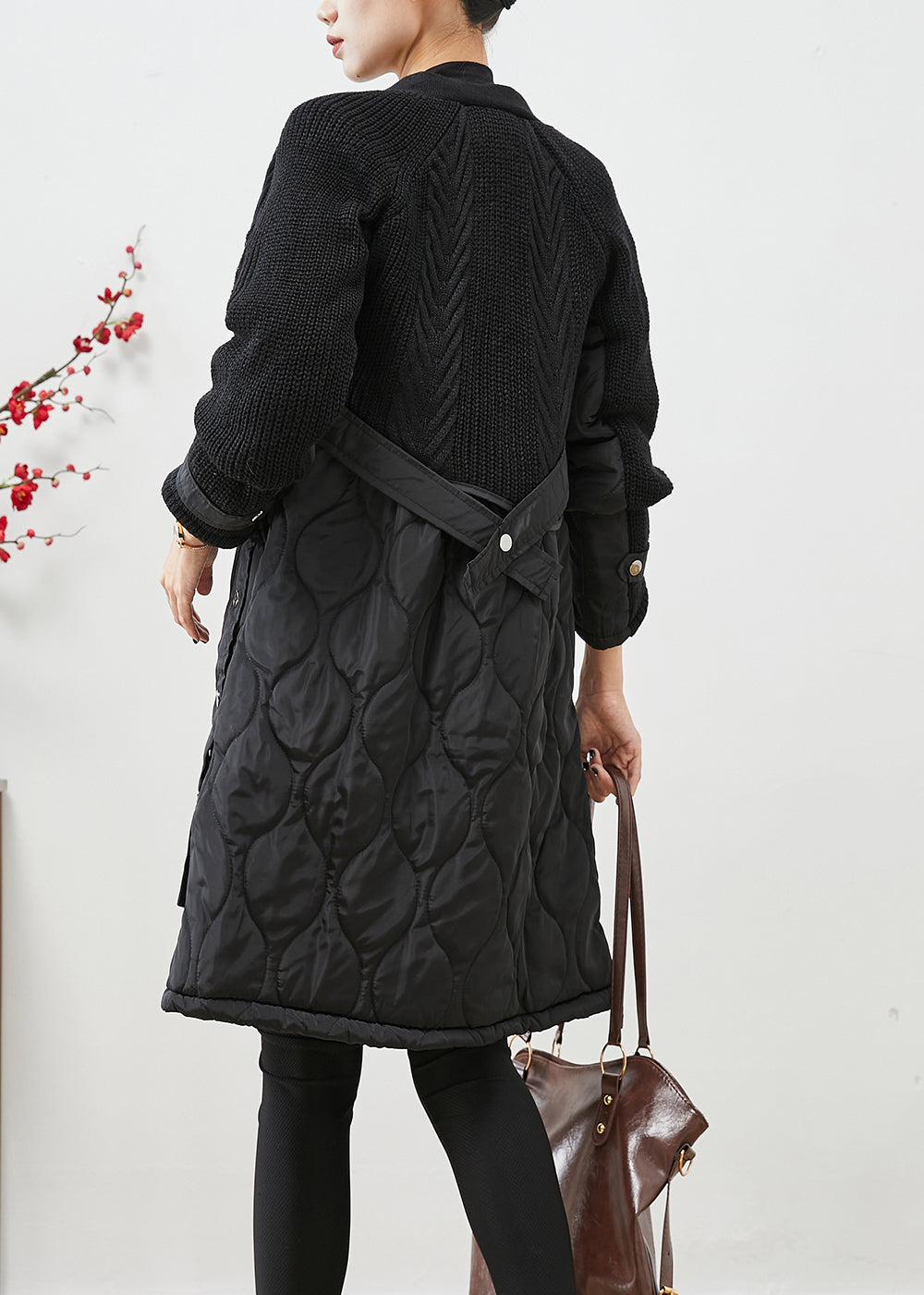 Black V Neck Knit Patchwork Fine Cotton Filled Witner Coats
