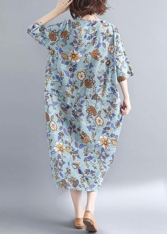 Organic Royal Blue Print O-neck Cotton Linen Robe Dresses Summer