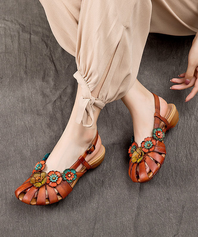 Brown Sandals Splicing Cowhide Leather Hollow Out Buckle Strap