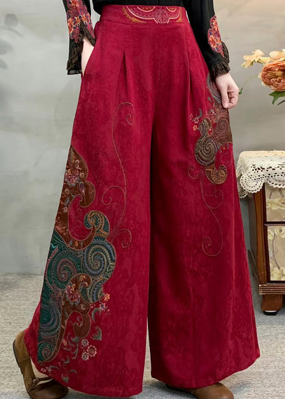 Red Embroidered Pockets Warm Fleece Pants Winter