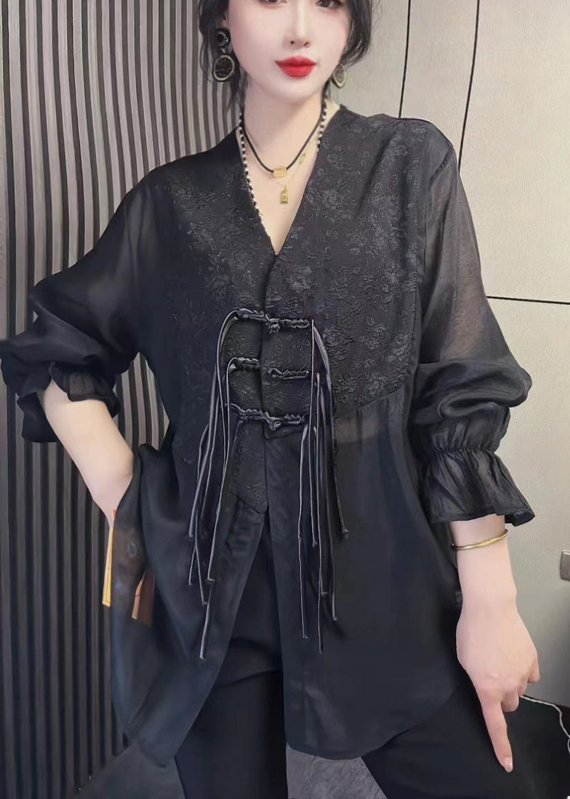 Simple Black V Neck Chiffon Shirts Fall