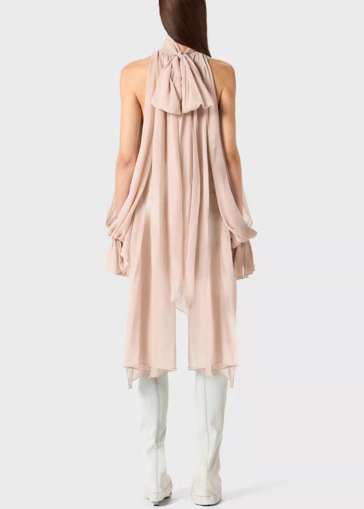 Pink Lace Up Chiffon Fall Shirt Asymmetrical