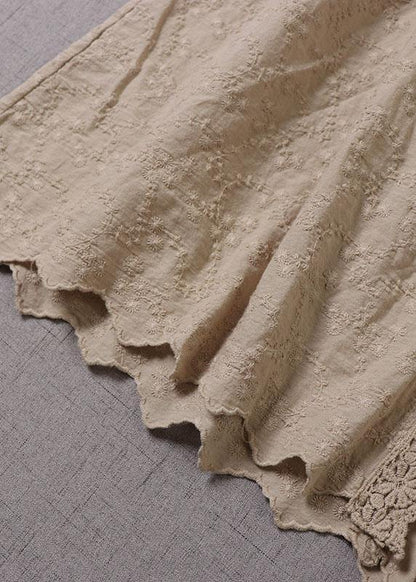 Handmade Khaki Pockets Button Embroideried Fall Wrinkled Maxi Dresses Long Sleeve