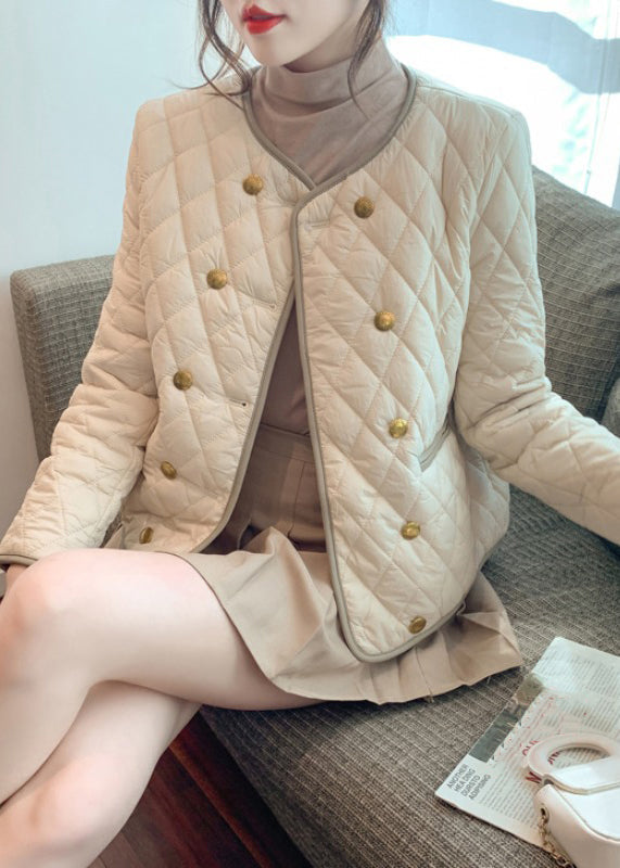 Apricot O Neck Double Breast Cotton Filled Coat Winter