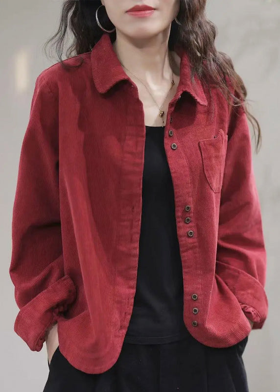 Red Peter Pan Collar Patchwork Button Coat Long Sleeve