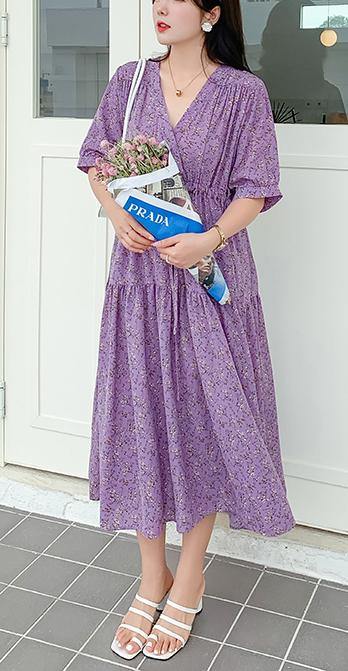 Purple Print Chiffon V Neck Summer Dress