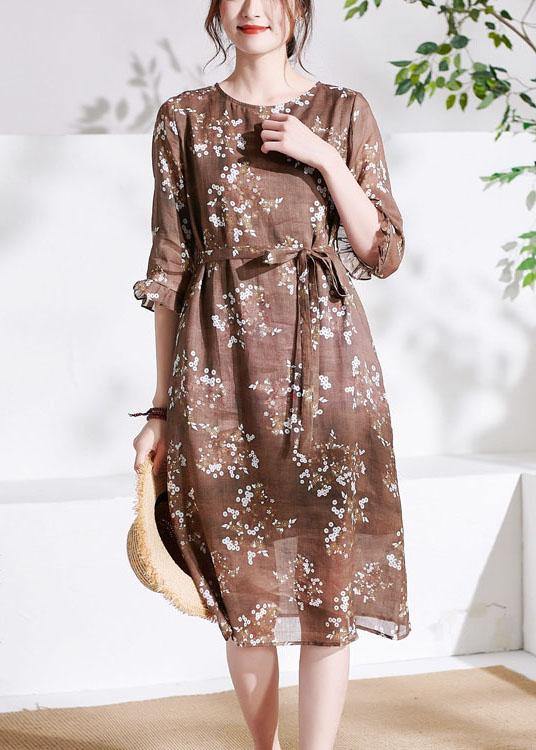 Chocolate Ruffled Patchwork Print Summer Ramie Dress Half Sleeve