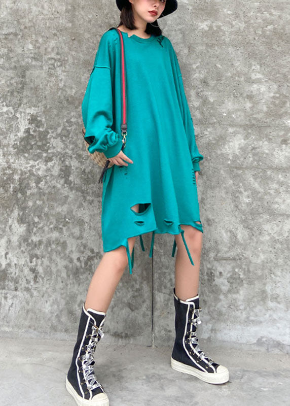 Simple Blue O-neck Loose Hole Fall Sweatshirt Street Wear
