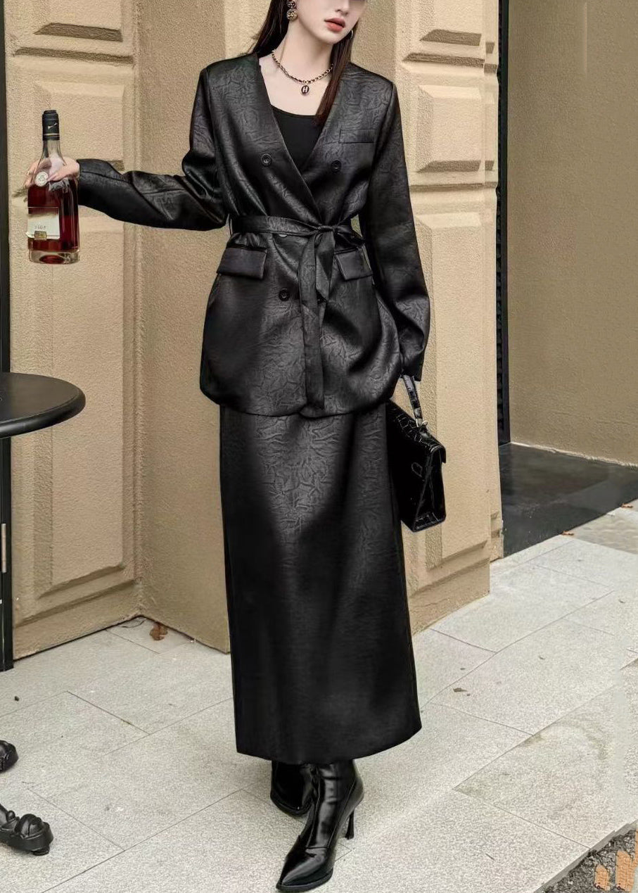 Black Notched Tie Waist Satin Coats and Maxi Skirts Two Pieces Set Spring