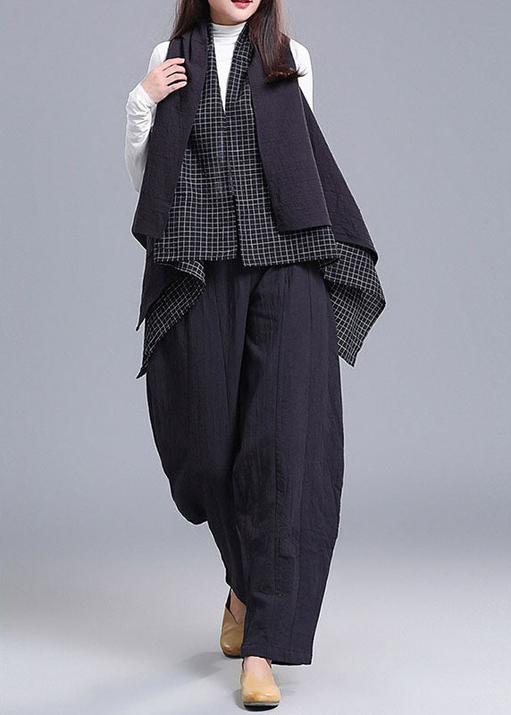 Style Black Patchwork Pockets Asymmetrical Design Fall Sleeveless Vest + Pants Two Pieces Set