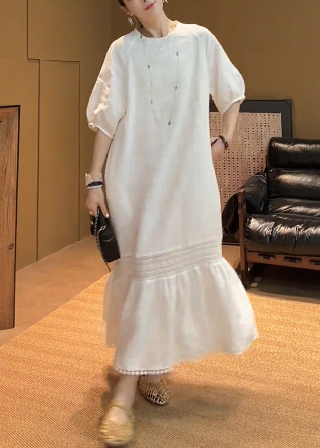 White O Neck Pockets Cotton Long Dress Summer