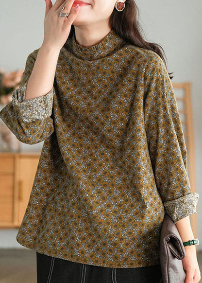 Italian Chocolate Stand Collar Button Ruffled Cotton Blouses Top Long Sleeve