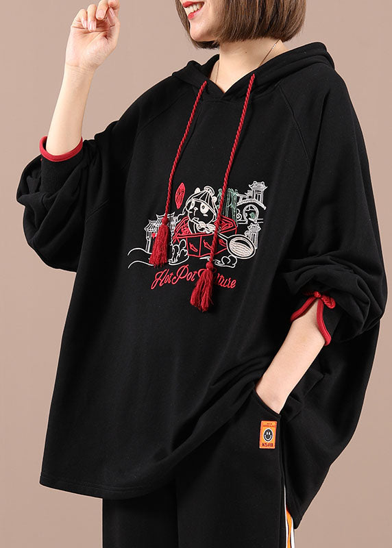 Black Hooded Embroideried Drawstring Fall Loose Sweatshirts Top