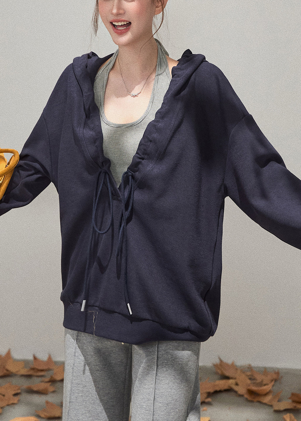 Navy Oversized Cotton Pullover Hooded Drawstring Fall