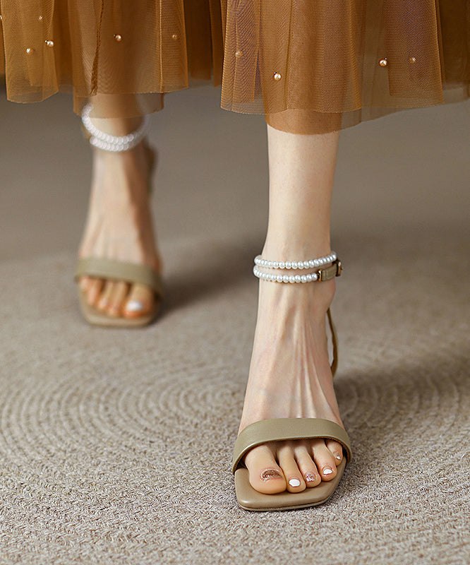 Classy Beads Splicing Chunky Sandals Beige Cowhide Leather Peep Toe