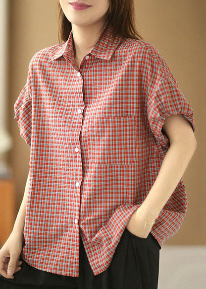 Red Peter Pan Collar Plaid Button Cotton Shirts Lantern Sleeve