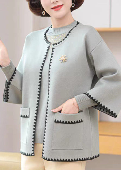 French Blue Patchwork Cotton Knit Cardigans and Sweaters Two Pieces Set Three Quarter Sleeve