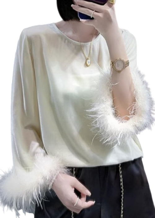 Apricot O Neck Patchwork Silk Velour Tops Long Sleeve