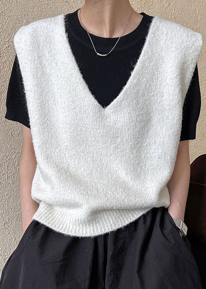 New Versatile White V Neck Knit Vest Sleeveless