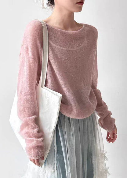 Pink O-neck Ma Hai Mao Knit Top Spring