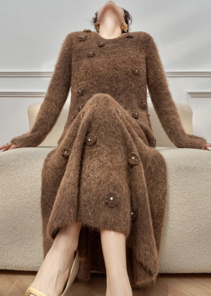 New Brown O-neck Cotton Knit Sweaters and Maxi Skirts Two Pieces Set Spring