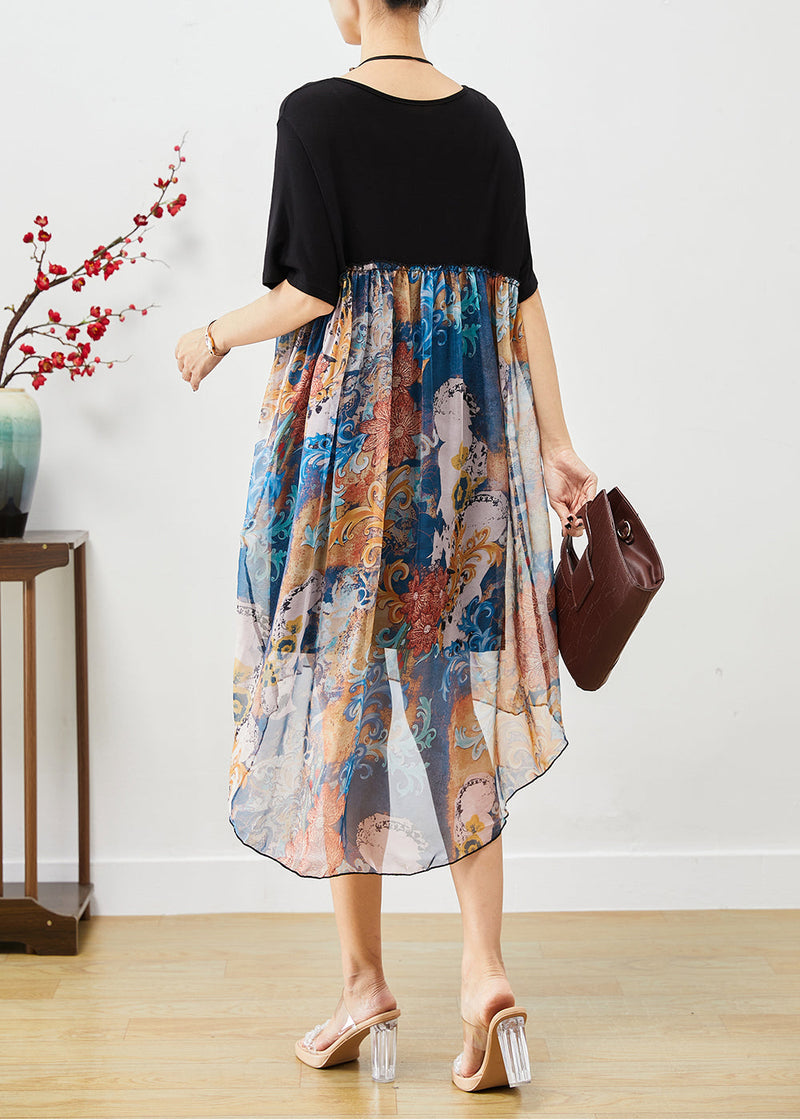 Loose Black O-neck Patchwork Print Chiffon Beach Dress Summer