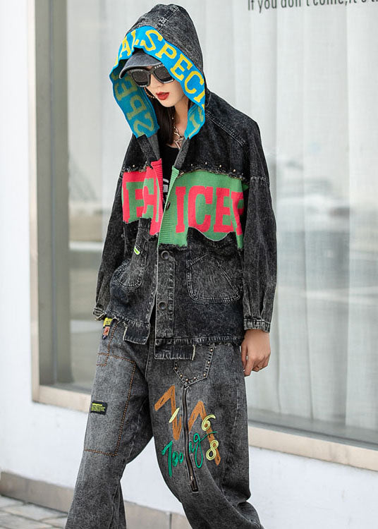 Denim Patchwork Knit Pockets Hooded Fall Coats Long Sleeve