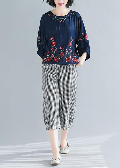 Summer Cotton Linen Navy O-neck Shirts