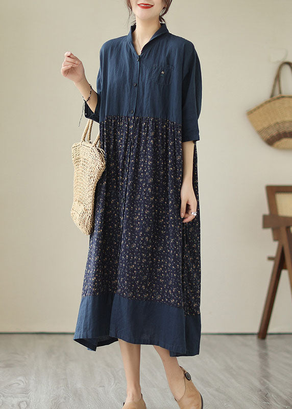 Navy Stand Collar Print Patchwork Linen Dresses Summer