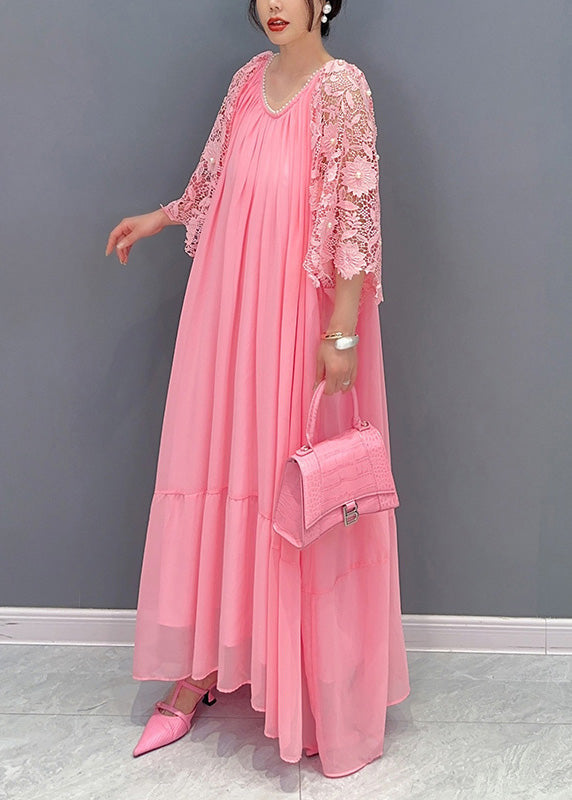Pink O-neck Lace Patchwork Nail Bead Chiffon Long Dress Summer