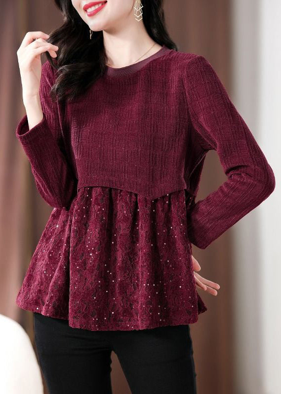 Wine Red Lace Patchwork Knit Top Long Sleeve